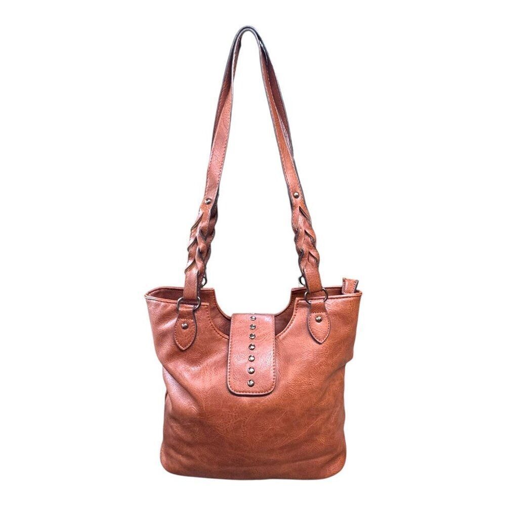 Sam & Hadley Brown Vegan Leather Tote Bag Purse Braided Straps & Outer Pocket